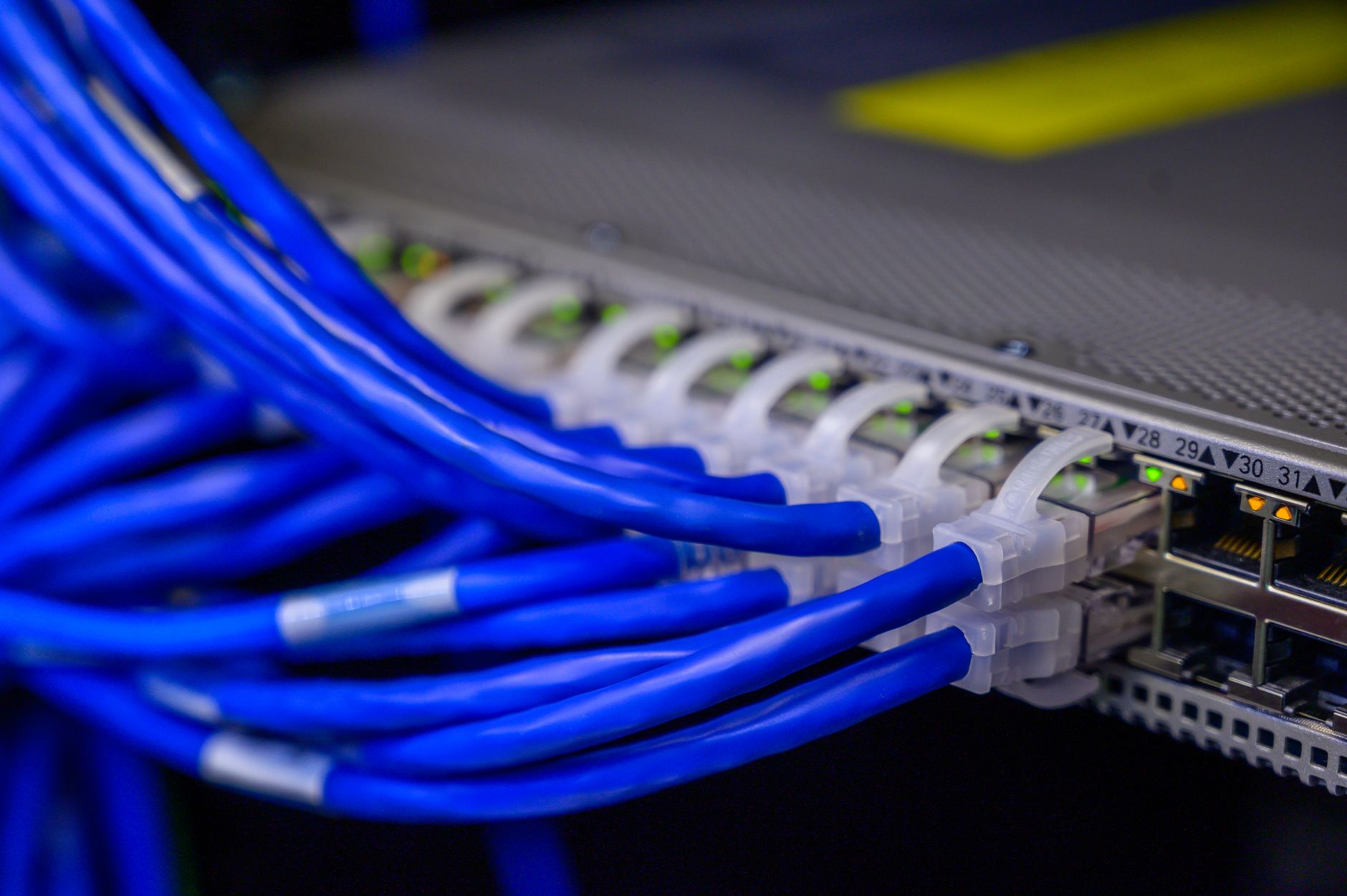 Niebieskie kable ethernet podłączone do przełącznika sieciowego w racku